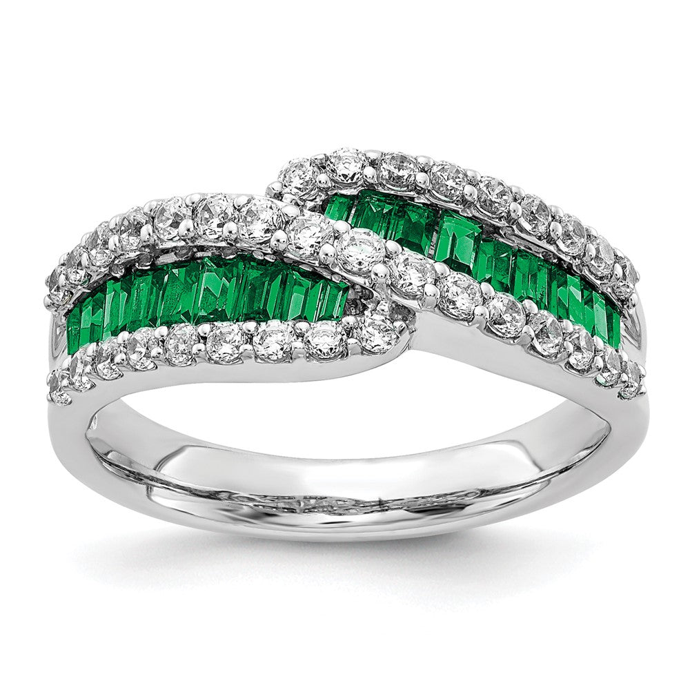 14k White Gold Baguette Emerald and 5/8 carat Diamond Bypass Ring