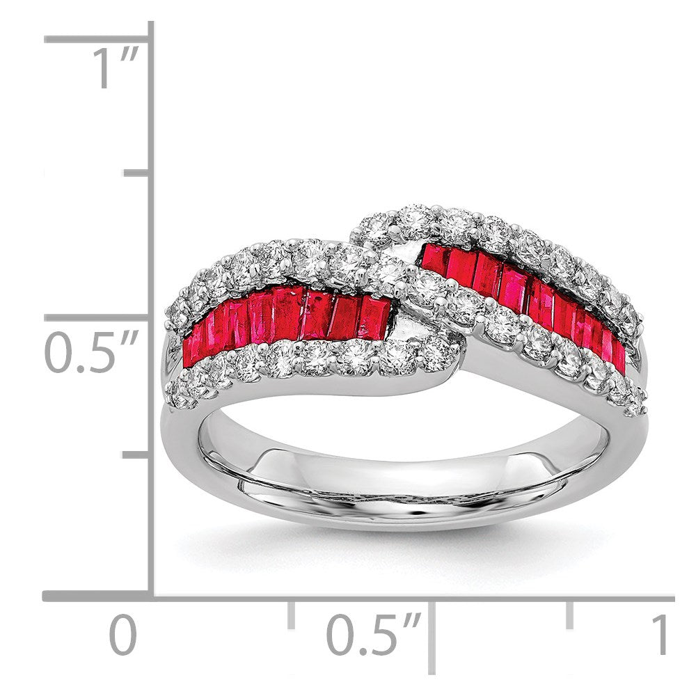 14k White Gold Baguette Ruby and 5/8 carat Diamond Bypass Ring