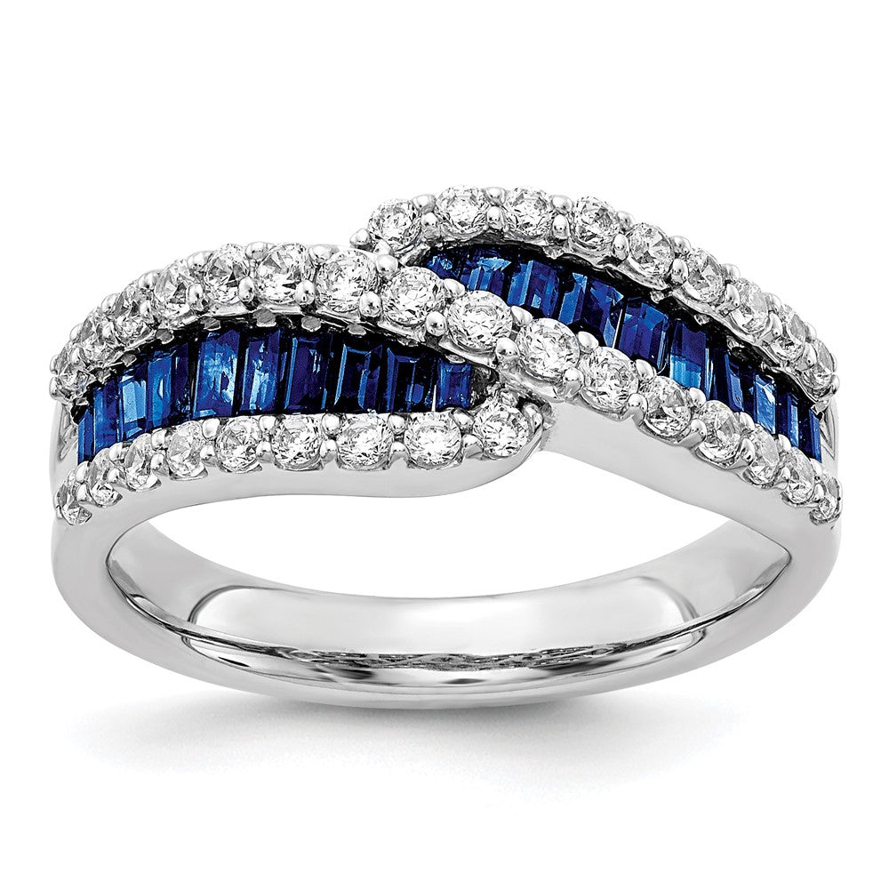 14k White Gold Baguette Blue Sapphire and 5/8 carat Diamond Bypass Ring
