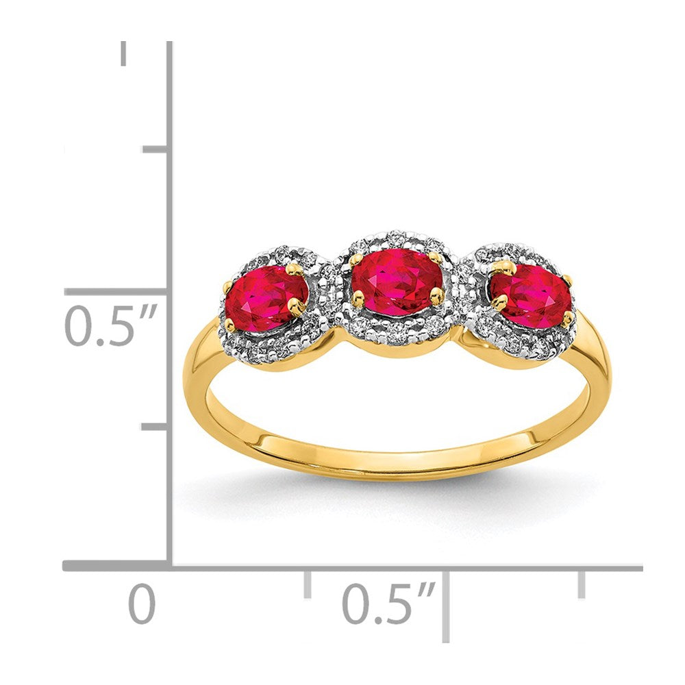 14k 4x3mm Oval Composite Ruby and 1/8 carat Diamond 3-Stone Ring