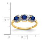 14k 4x3mm Oval Blue Sapphire and 1/8 carat Diamond 3-Stone Ring