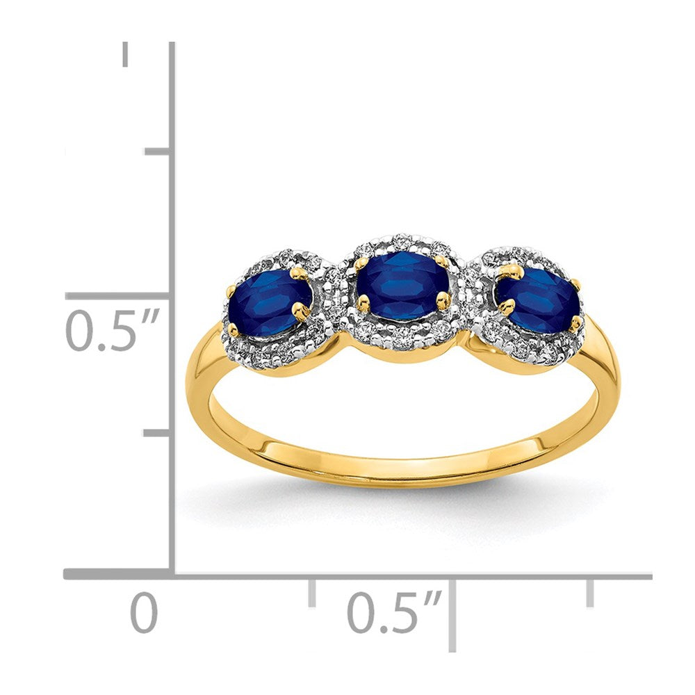 14k 4x3mm Oval Blue Sapphire and 1/8 carat Diamond 3-Stone Ring