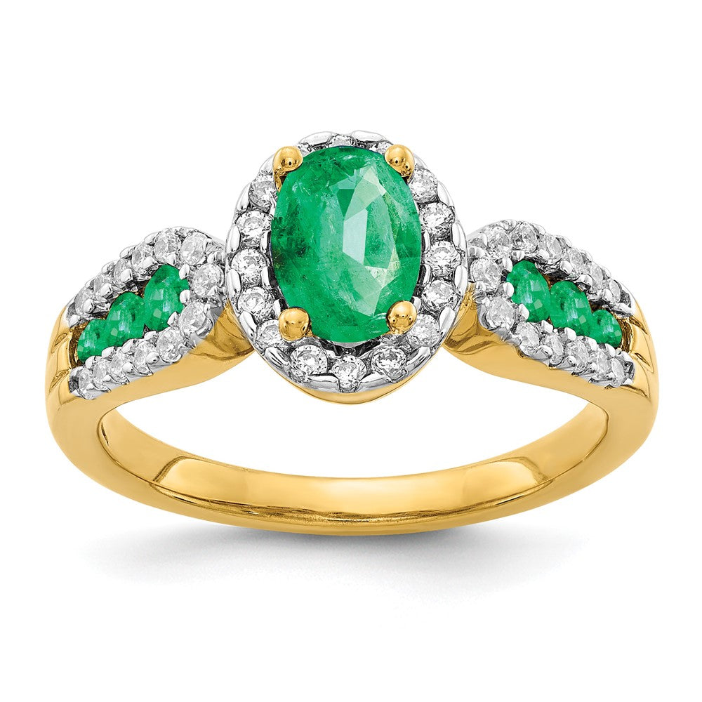 14k 7x5mm Oval Emerald and 1/3 carat Diamond Halo Ring