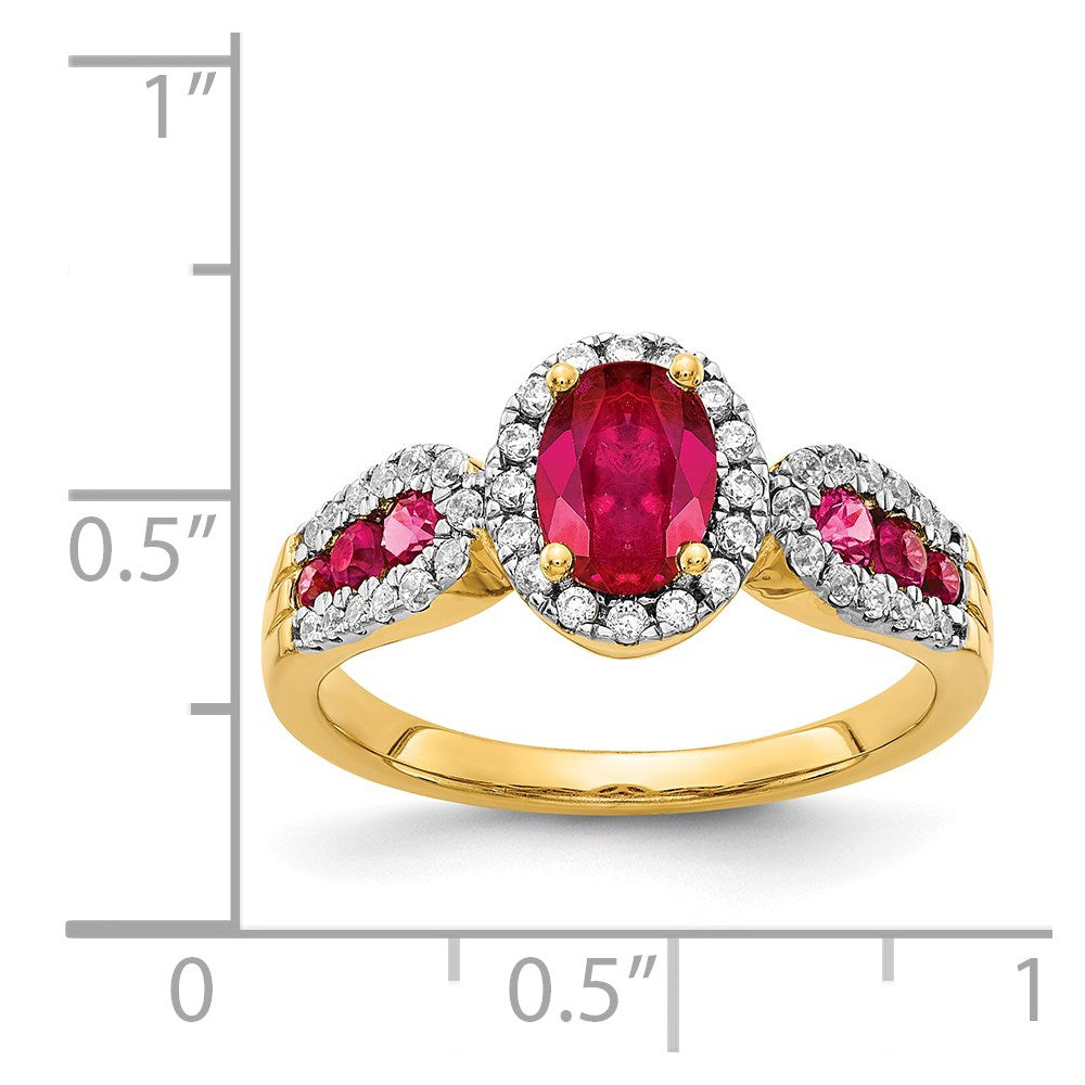 14k 7x5mm Oval Ruby and 1/3 carat Diamond Halo Ring