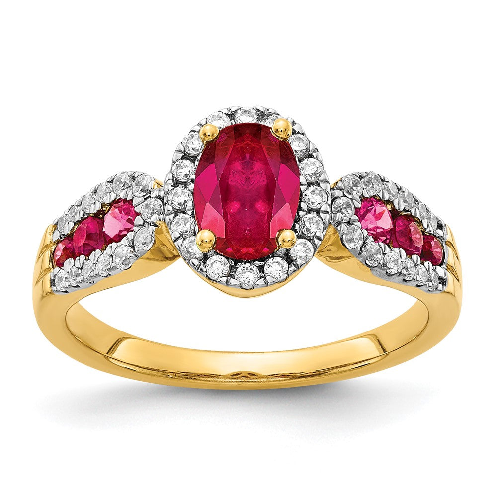 14k 7x5mm Oval Ruby and 1/3 carat Diamond Halo Ring