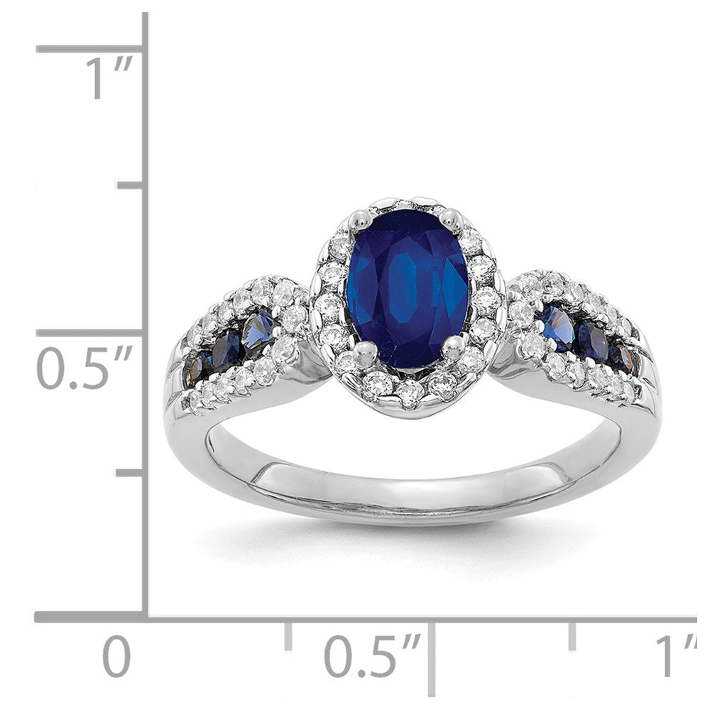 14k White Gold 7x5mm Oval Blue Sapphire and 1/3 carat Diamond Halo Ring