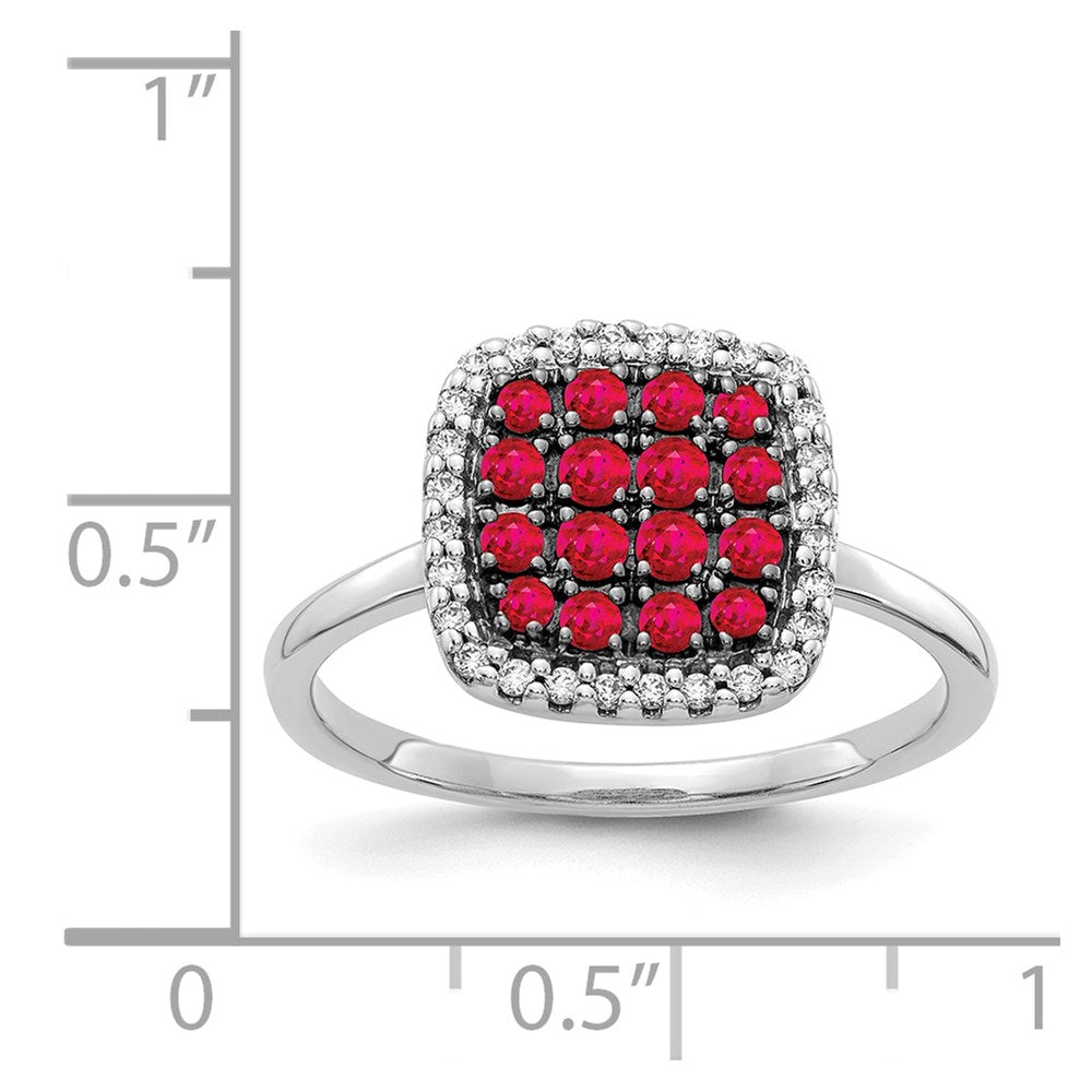 14k White Gold and Black Rhodium 1/6 carat Diamond and Ruby Square Cluster Ring