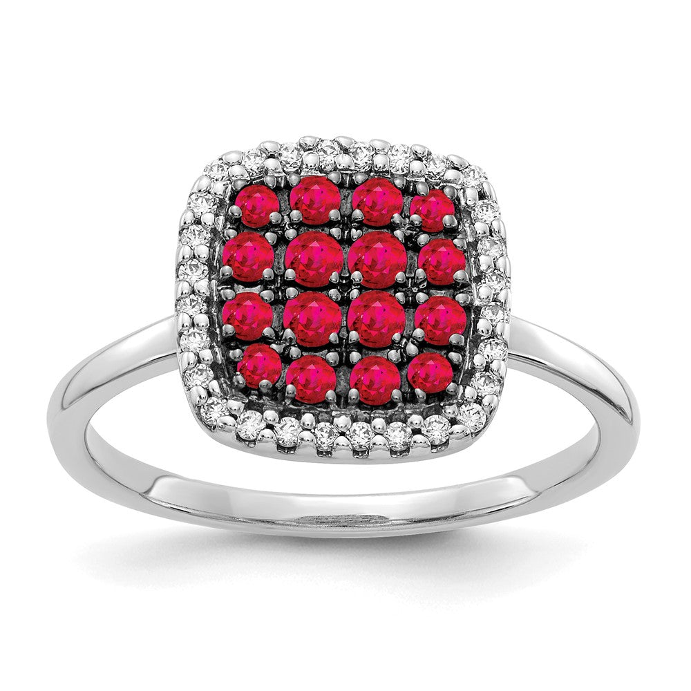 14k White Gold and Black Rhodium 1/6 carat Diamond and Ruby Square Cluster Ring