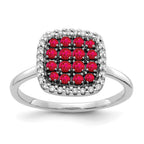 14k White Gold and Black Rhodium 1/6 carat Diamond and Ruby Square Cluster Ring
