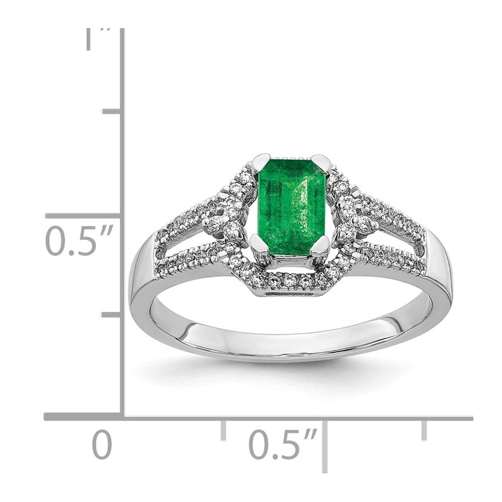 14k White Gold 1/6 carat Diamond and 5.8x4mm Emerald-cut Emerald Ring