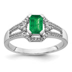 14k White Gold 1/6 carat Diamond and 5.8x4mm Emerald-cut Emerald Ring