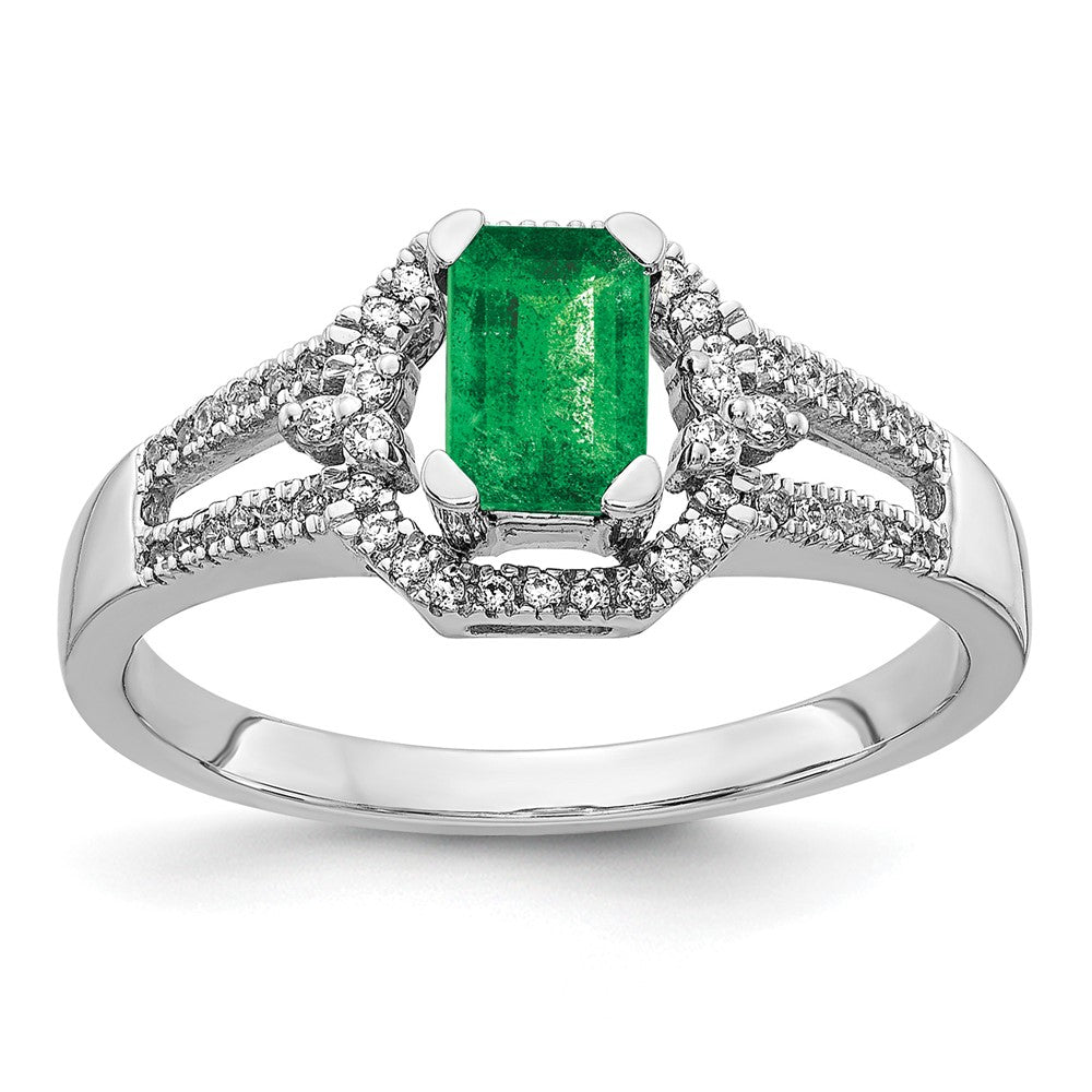 14k White Gold 1/6 carat Diamond and 5.8x4mm Emerald-cut Emerald Ring