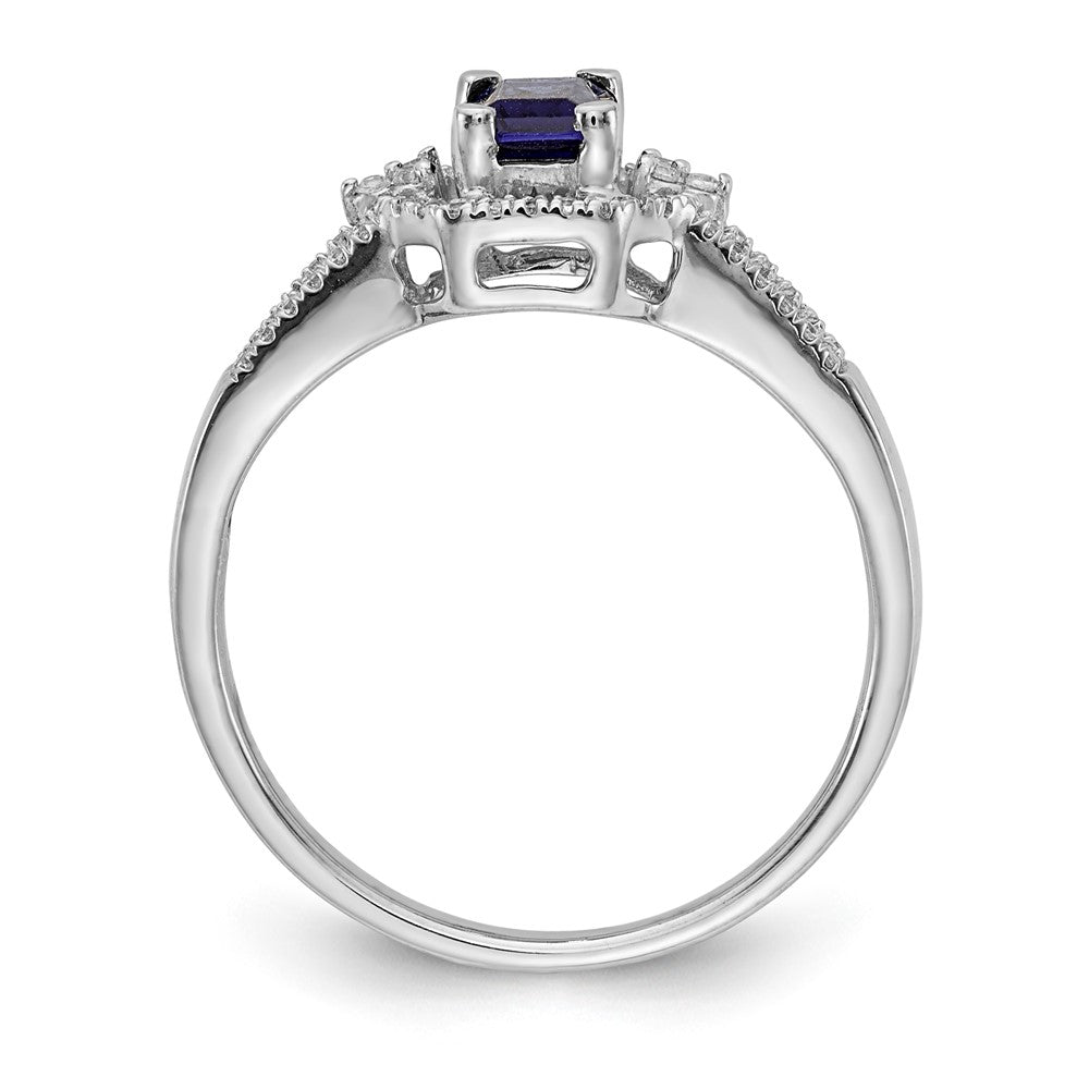 14k White Gold 1/6 carat Diamond and 5.8x4mm Emerald-cut Blue Sapphire Ring