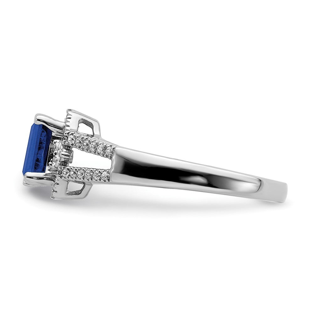 14k White Gold 1/6 carat Diamond and 5.8x4mm Emerald-cut Blue Sapphire Ring