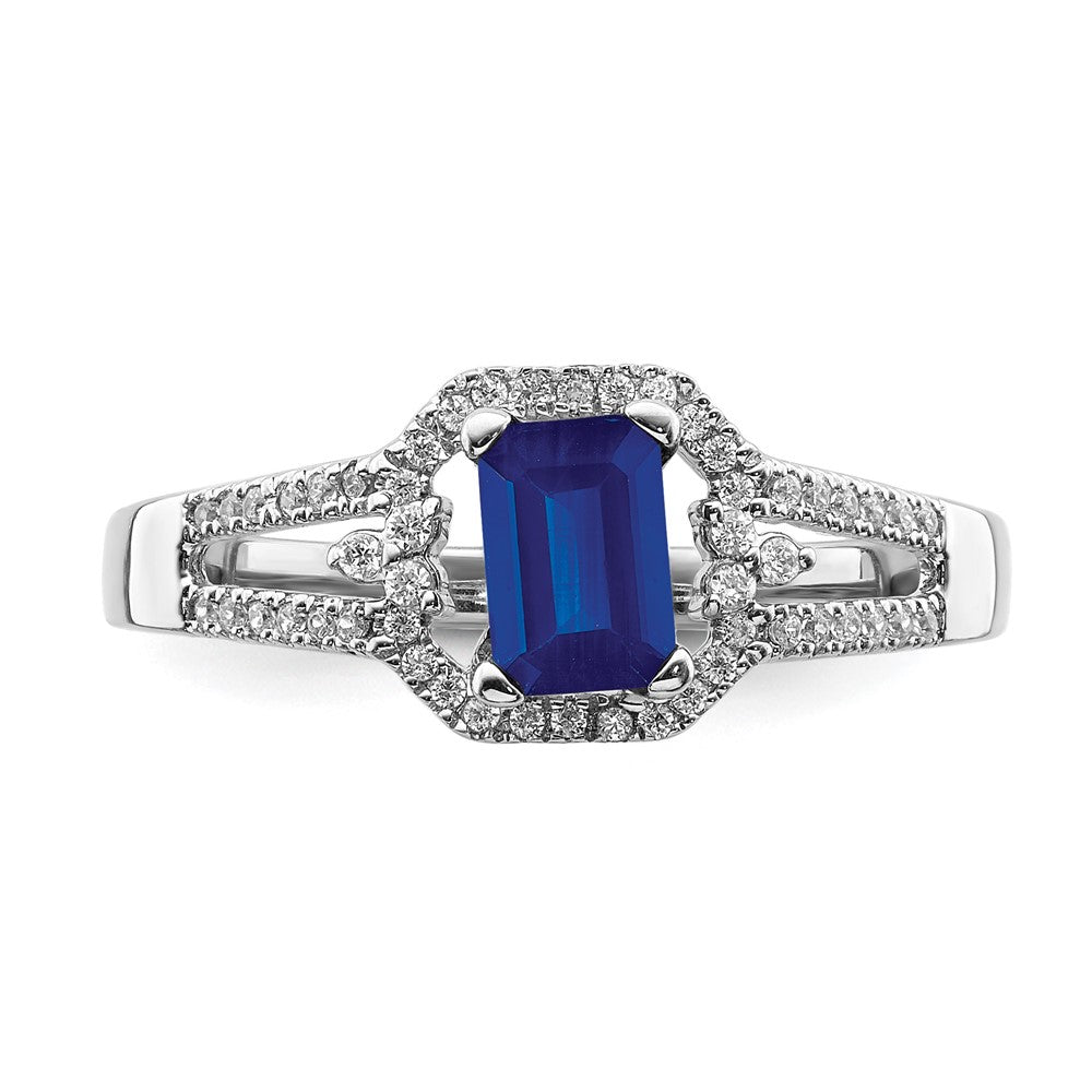 14k White Gold 1/6 carat Diamond and 5.8x4mm Emerald-cut Blue Sapphire Ring