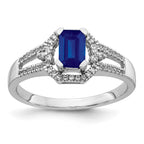 14k White Gold 1/6 carat Diamond and 5.8x4mm Emerald-cut Blue Sapphire Ring