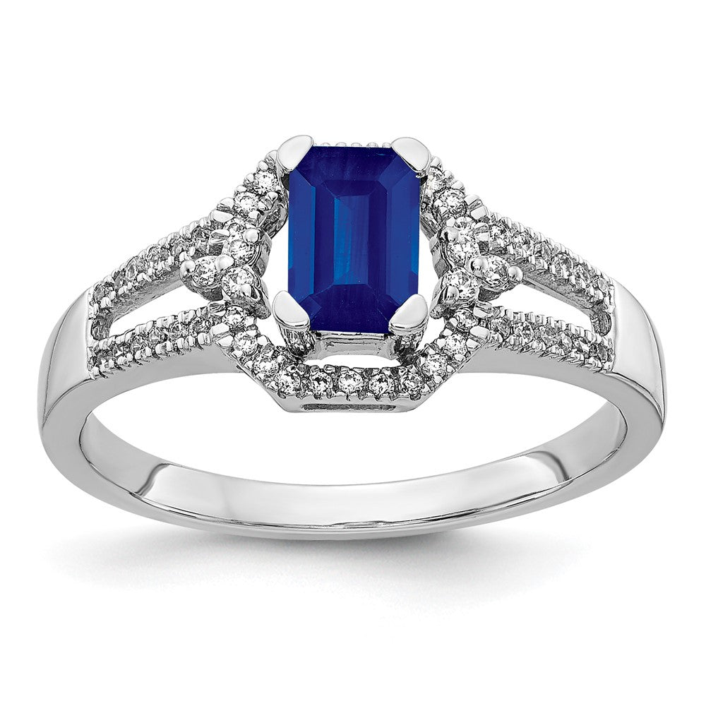 14k White Gold 1/6 carat Diamond and 5.8x4mm Emerald-cut Blue Sapphire Ring