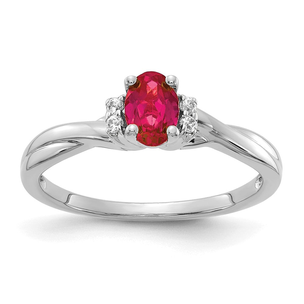 14k White Gold 1/20 carat Diamond and 6x4mm Oval Ruby Ring