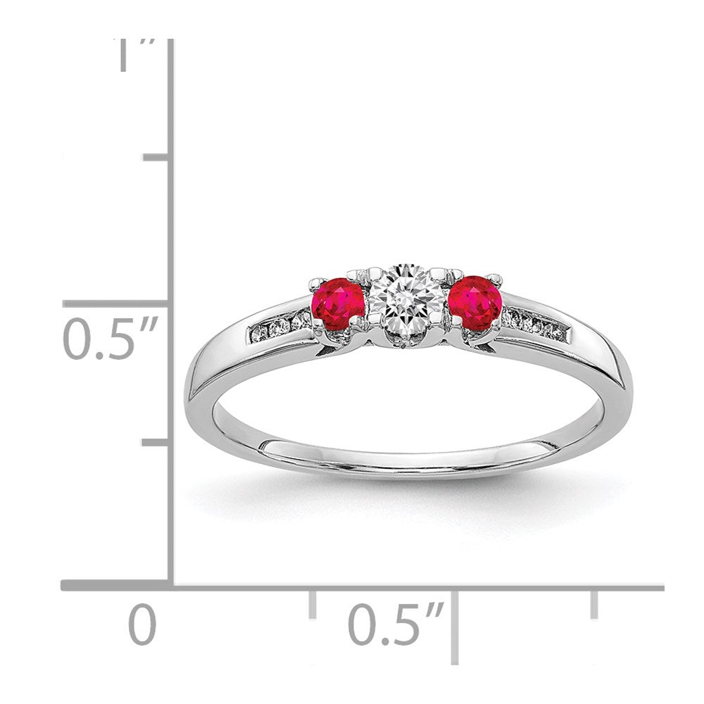14k White Gold Ruby and 1/3 carat Diamond 3-Stone Ring