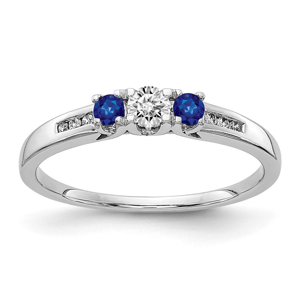 14k White Gold Blue Sapphire and 1/3 carat Diamond 3-Stone Ring