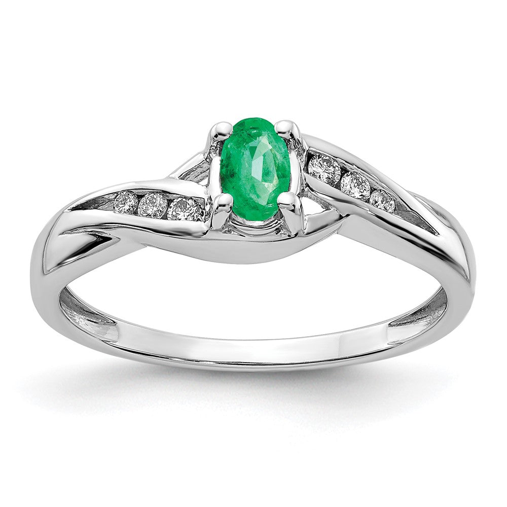 14k White Gold 5x4mm Oval Emerald and 1/15 carat Diamond Ring