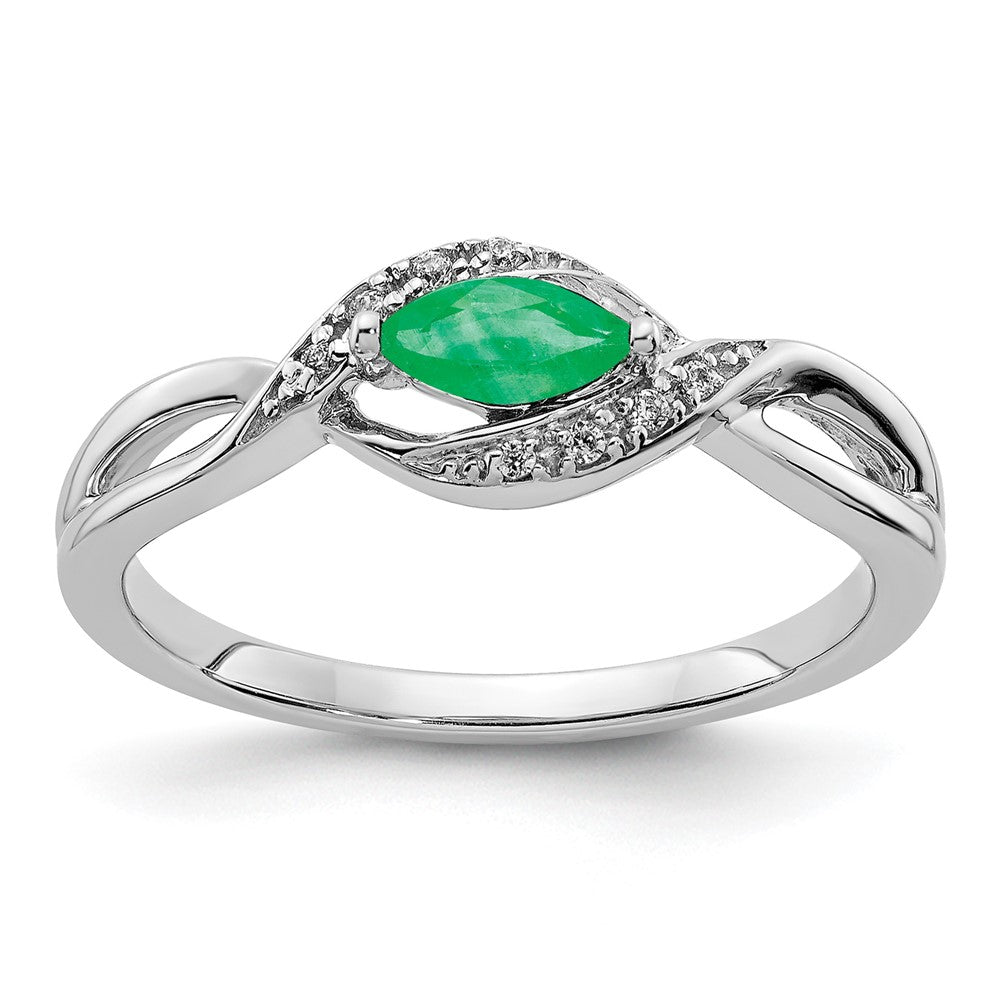 14k White Gold 1/20 carat Diamond and 6x3mm Marquise Emerald East-West Ring