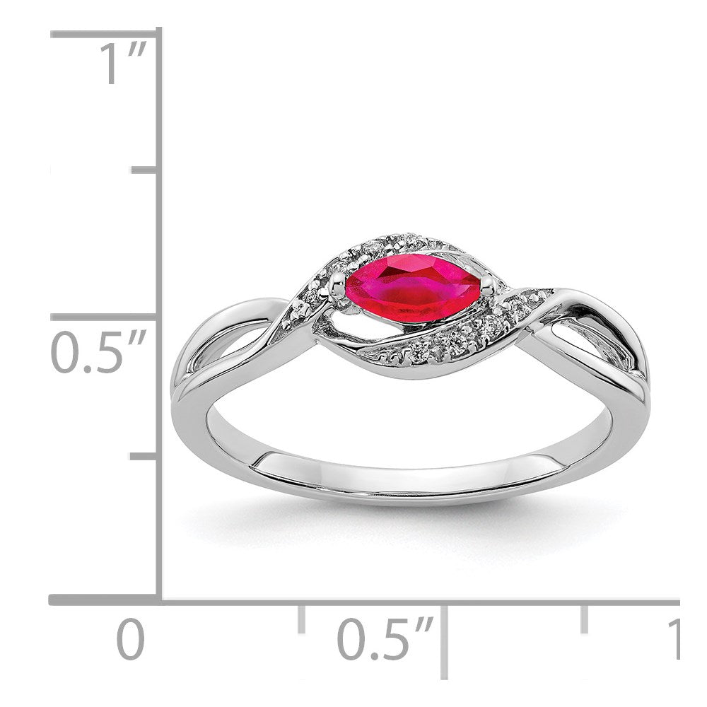 14k White Gold 1/20 carat Diamond and 6x3mm Marquise Ruby East-West Ring