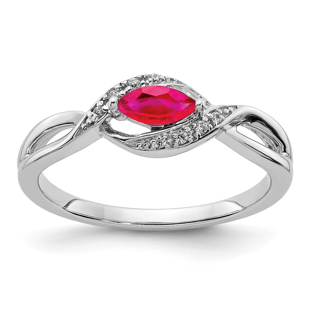 14k White Gold 1/20 carat Diamond and 6x3mm Marquise Ruby East-West Ring