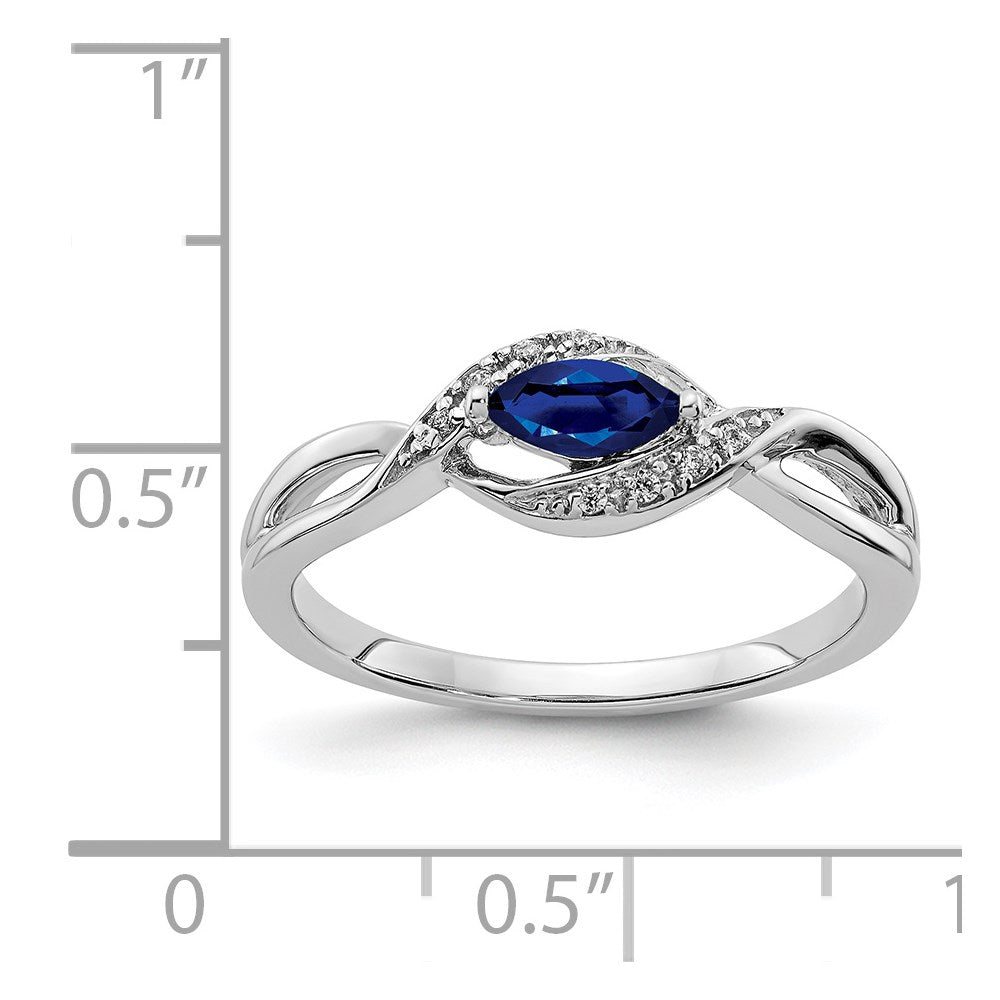 14k White Gold 1/20 carat Diamond and 6x3mm Blue Marquise Sapphire East-West Ring