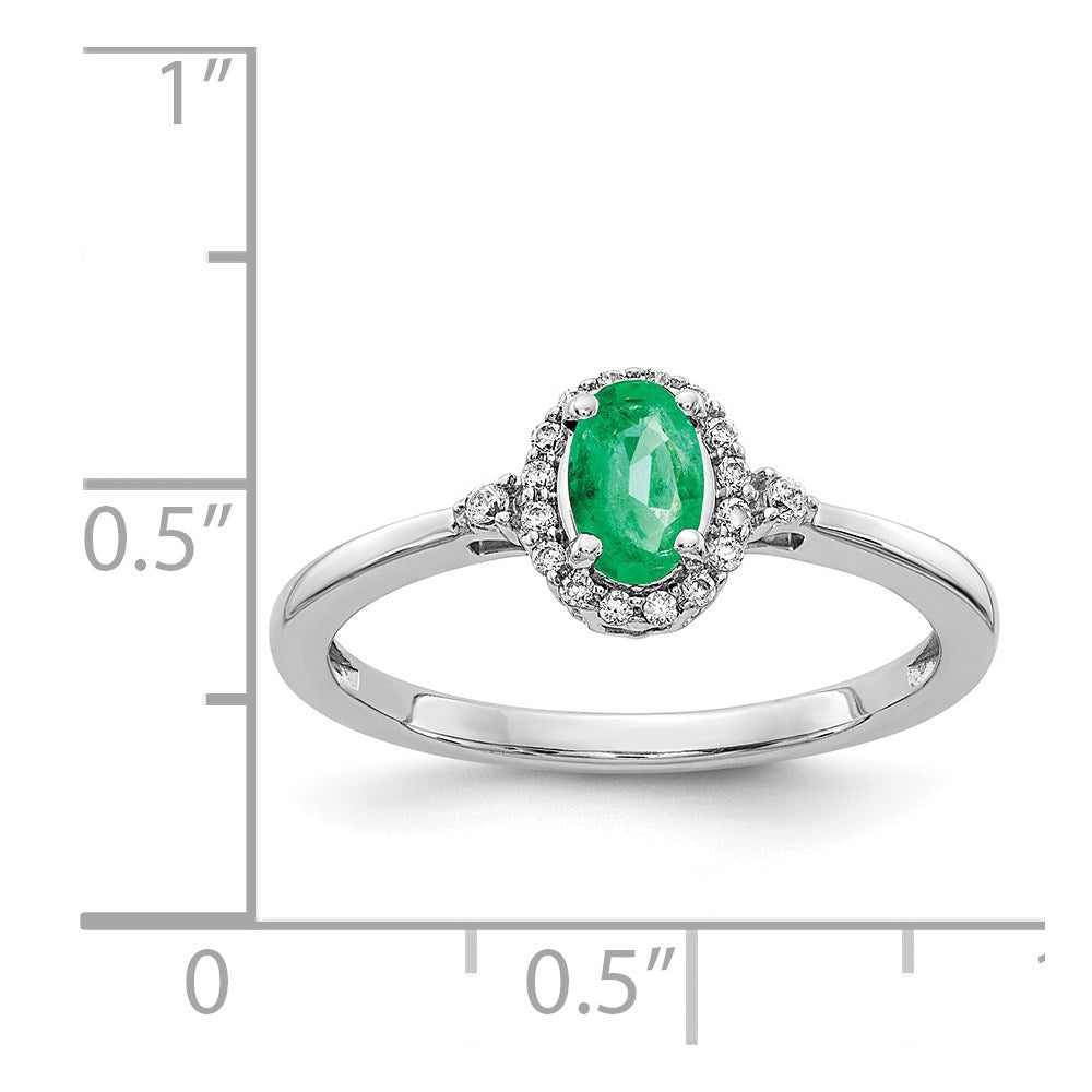 14k White Gold 6x4mm Oval Emerald and 1/10 carat Diamond Halo Ring