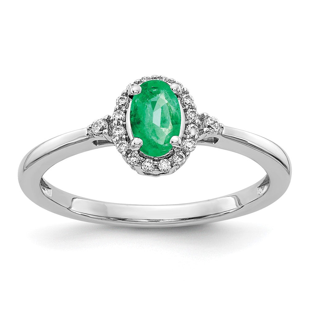 14k White Gold 6x4mm Oval Emerald and 1/10 carat Diamond Halo Ring