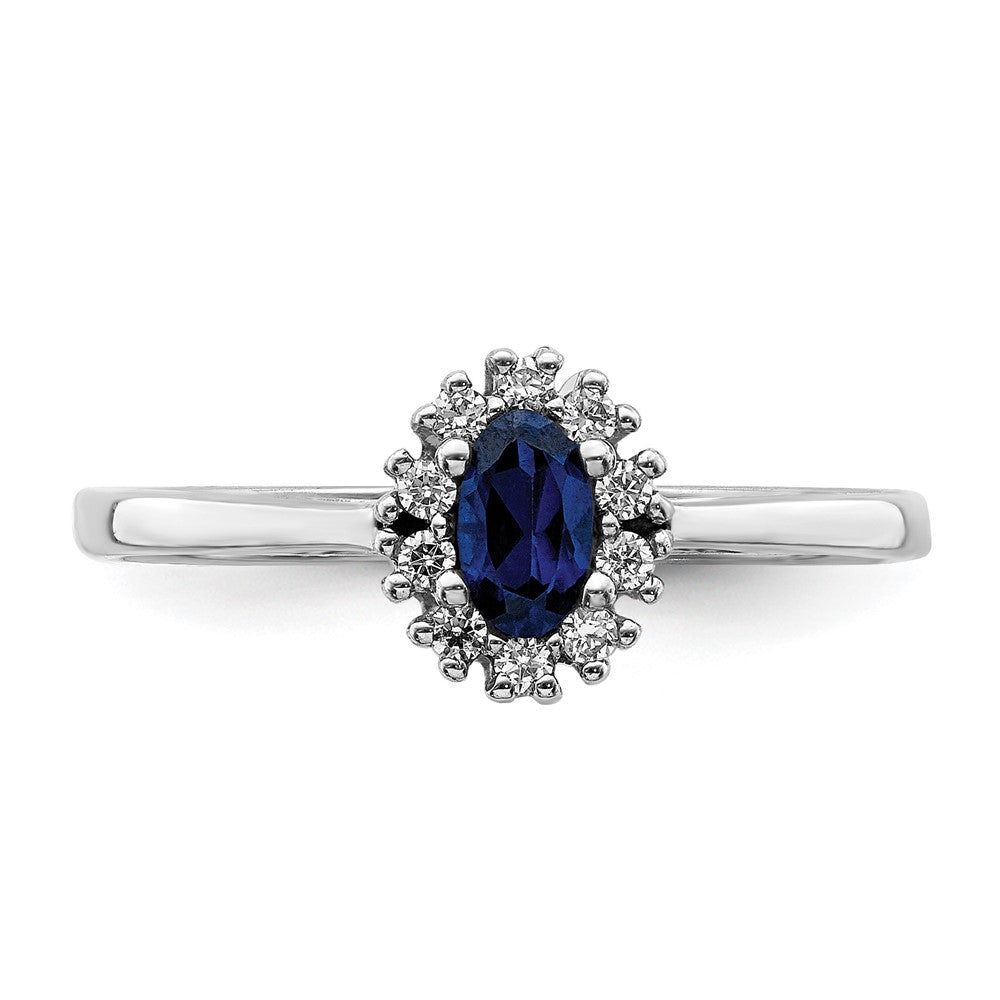 14k White Gold 1/10 carat Diamond and 5x3mm Oval Blue Sapphire Halo Ring
