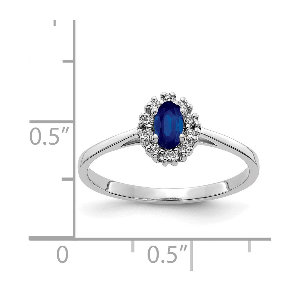 14k White Gold 1/10 carat Diamond and 5x3mm Oval Blue Sapphire Halo Ring