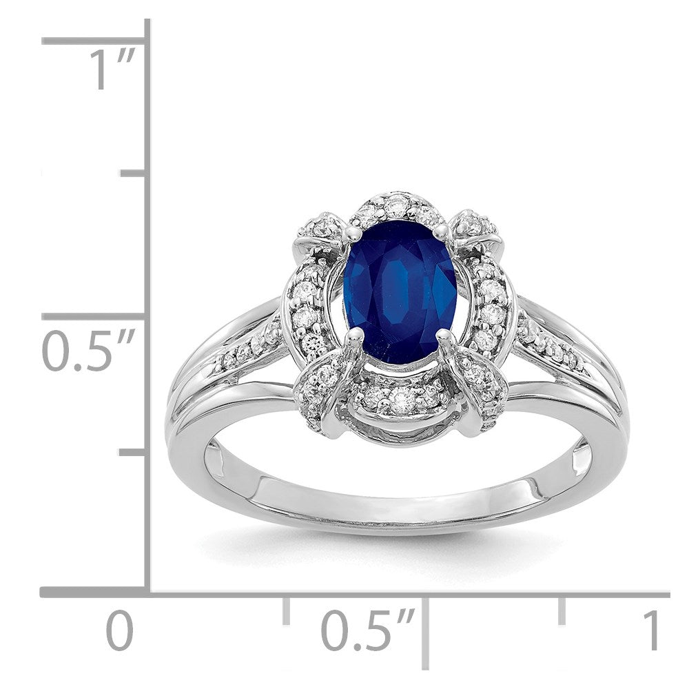 14k White Gold 1/5 carat Diamond and 7x5mm Oval Blue Sapphire Halo Ring