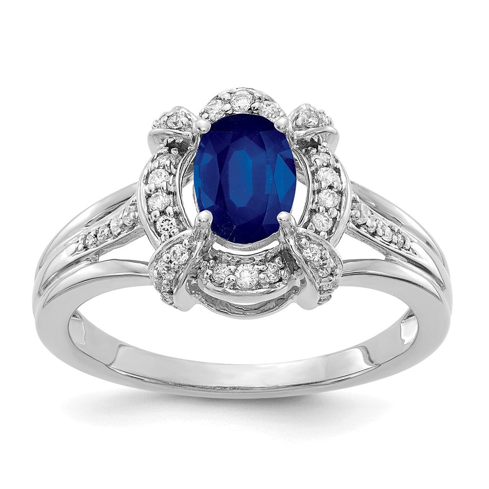 14k White Gold 1/5 carat Diamond and 7x5mm Oval Blue Sapphire Halo Ring