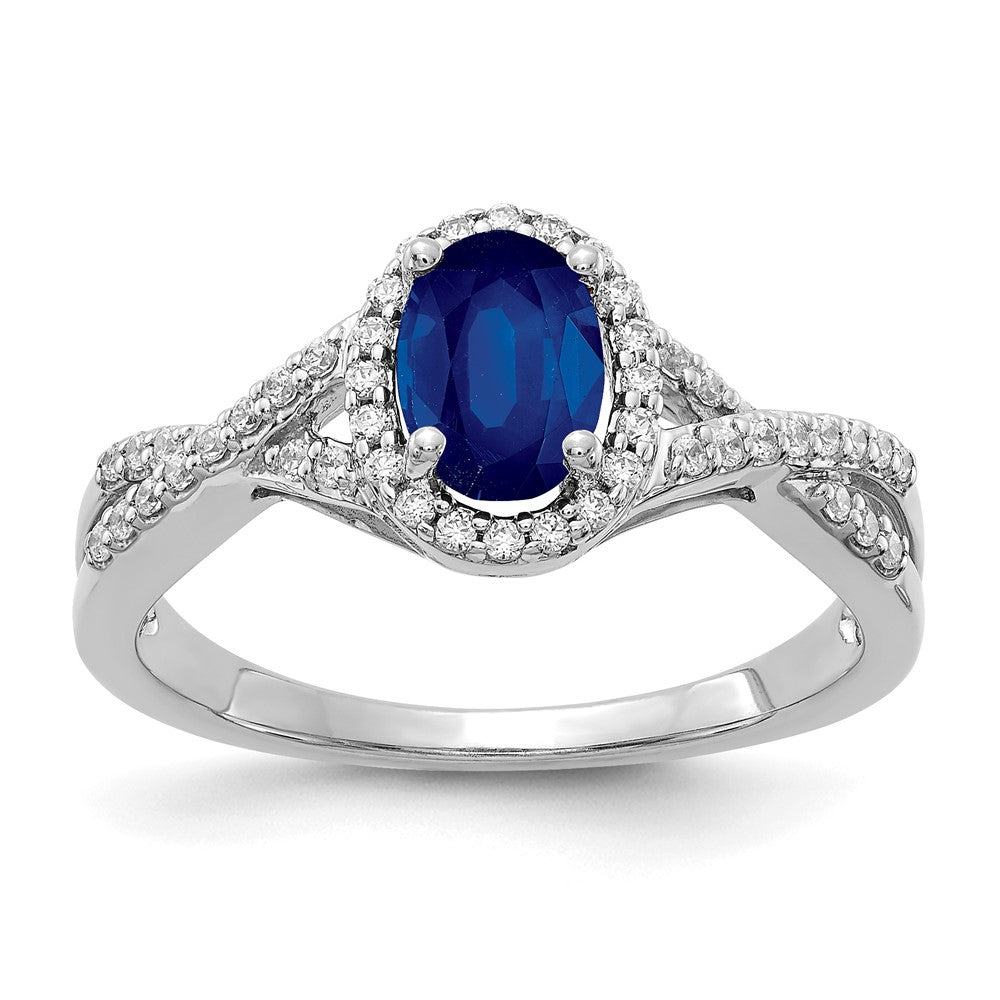 14k White Gold 7x5mm Oval Blue Sapphire and 1/5 carat Diamond Halo Ring