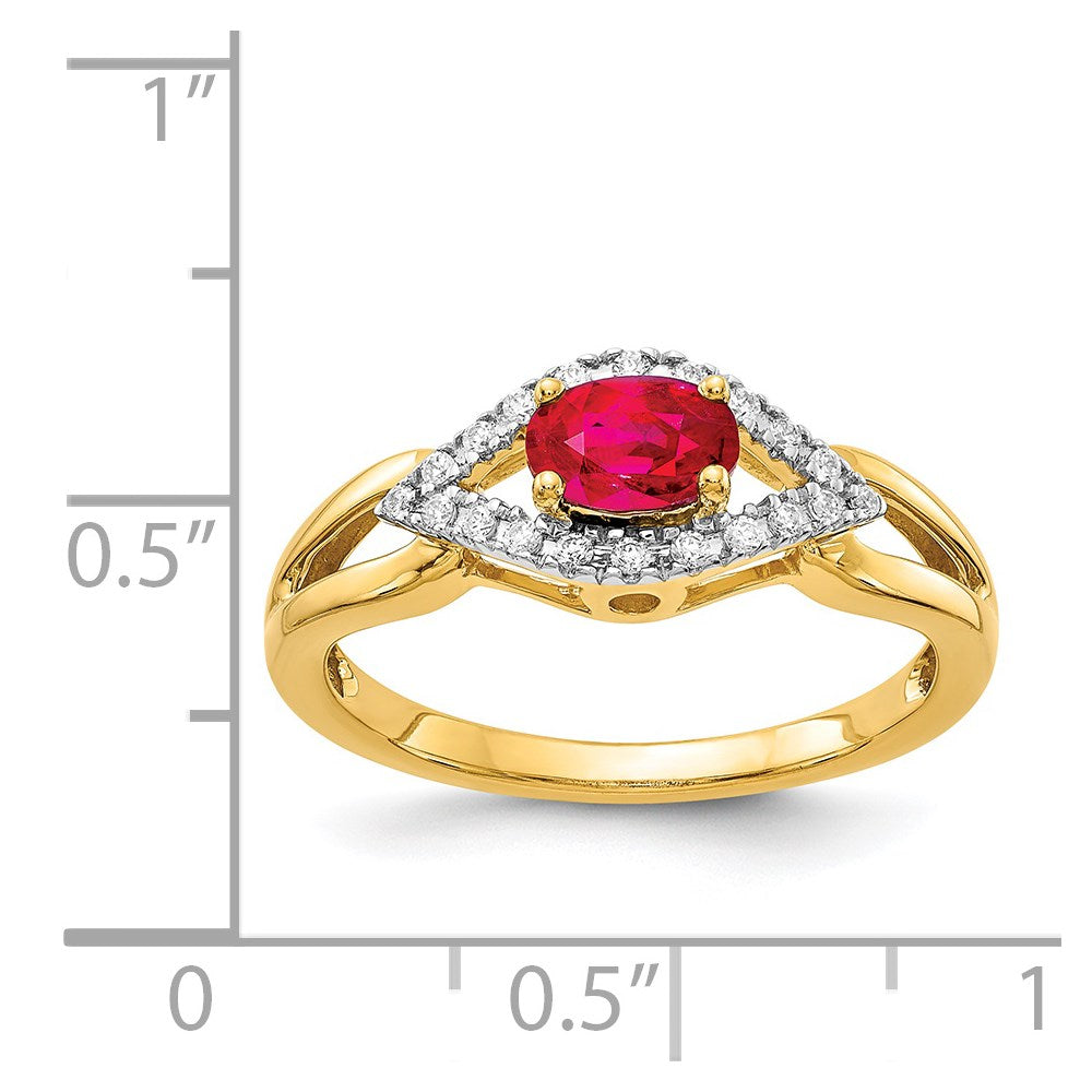 14k East-West 6x4mm Oval Ruby and 1/8 carat Diamond Ring