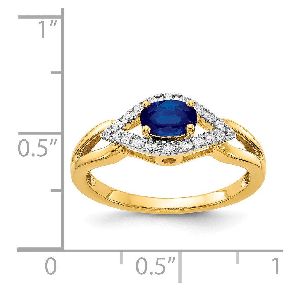 14k East-West 6x4mm Oval Blue Sapphire and 1/8 carat Diamond Ring