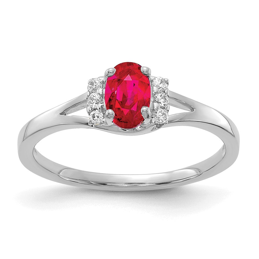 14k White Gold 1/15 carat Diamond and 6x4mm Oval Ruby Ring