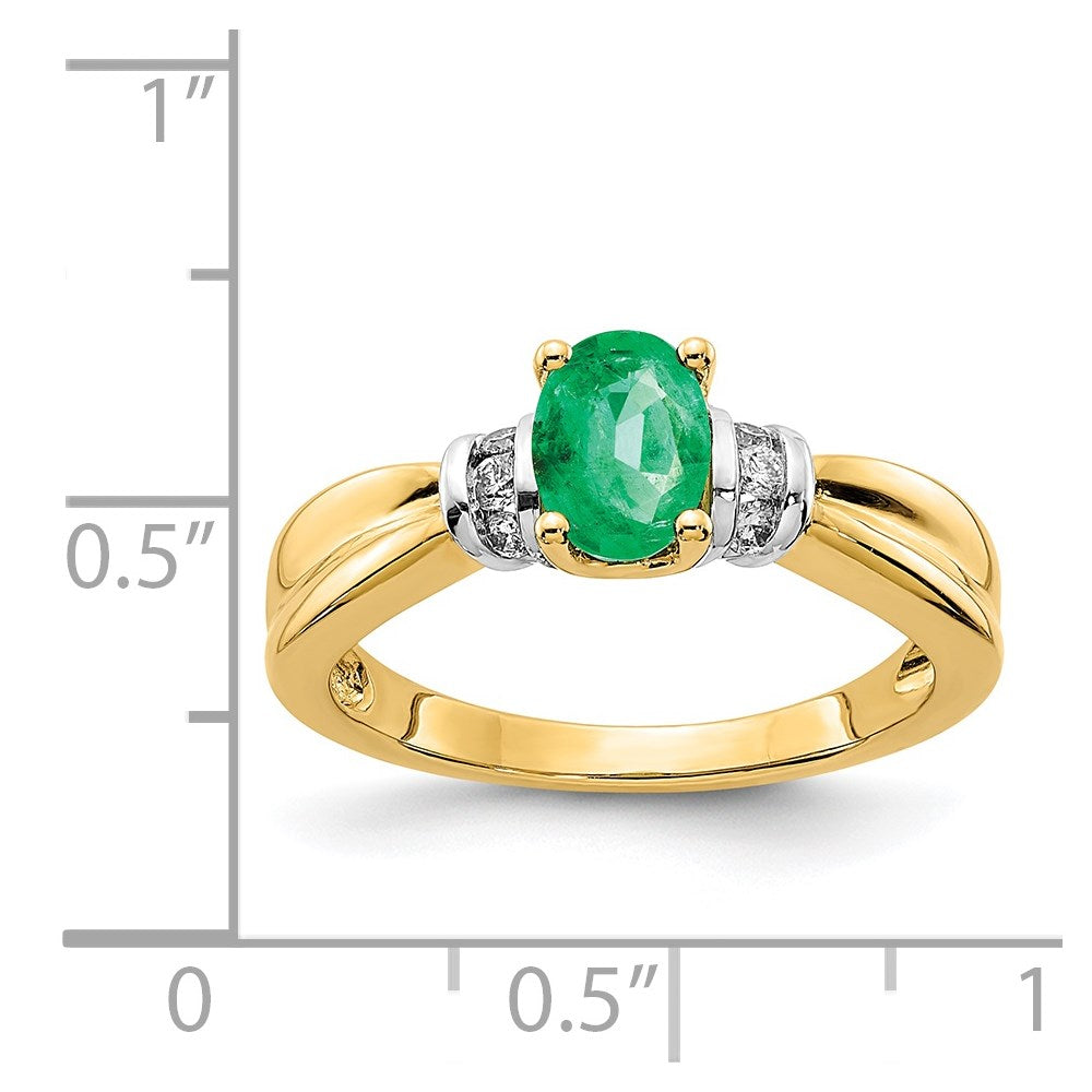 14k and White Rhodium 1/10 carat Diamond and 7x5mm Oval Emerald Ring