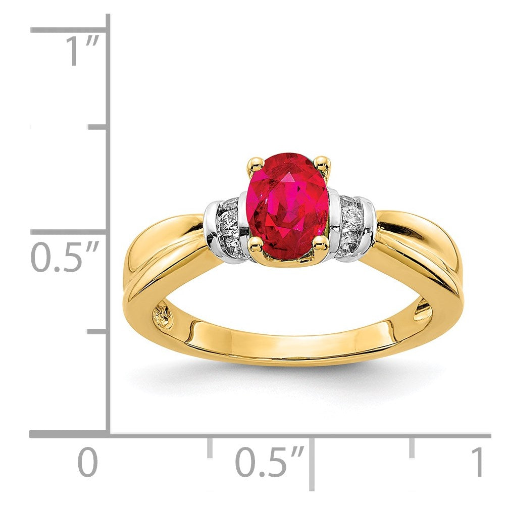 14k and White Rhodium 1/10 carat Diamond and 7x5mm Oval Ruby Ring