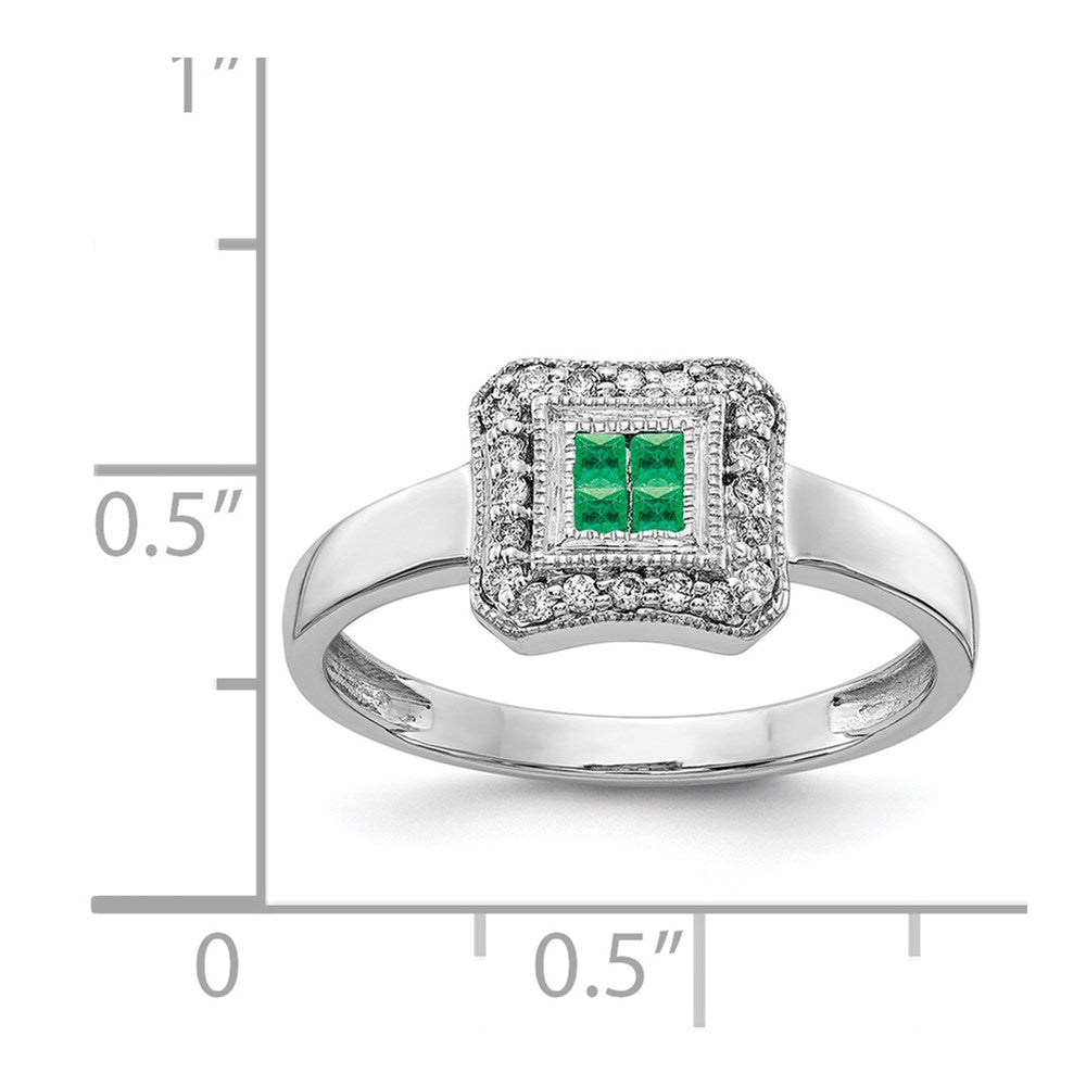14k White Gold Square Design Emerald Cluster and 1/8 carat Diamond Ring
