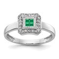 14k White Gold Square Design Emerald Cluster and 1/8 carat Diamond Ring