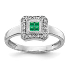 14k White Gold Square Design Emerald Cluster and 1/8 carat Diamond Ring