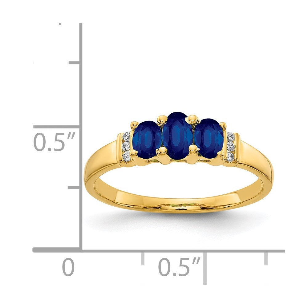14k Polished Triple Blue Sapphire and Diamond 3-stone Ring