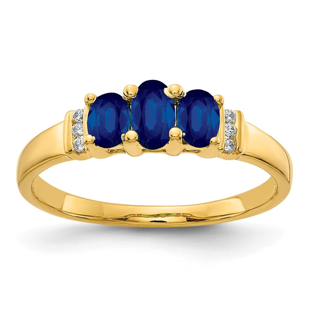 14k Polished Triple Blue Sapphire and Diamond 3-stone Ring