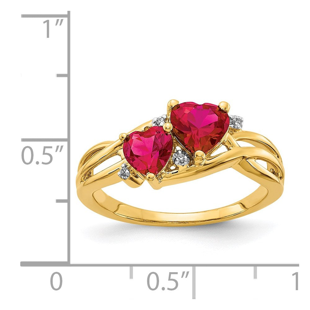 14k 5mm and 6mm Lab-Created Ruby and Diamond Double Heart Ring