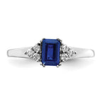 14k White Gold 1/6 carat Diamond and 6x4mm Emerald-cut Blue Sapphire Ring