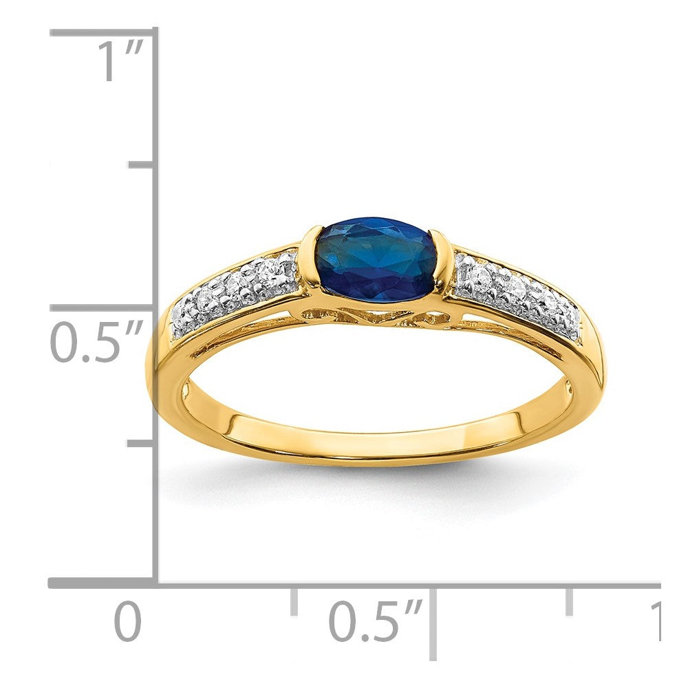 14k Oval East-West Blue Sapphire and 1/15 carat Diamond Ring