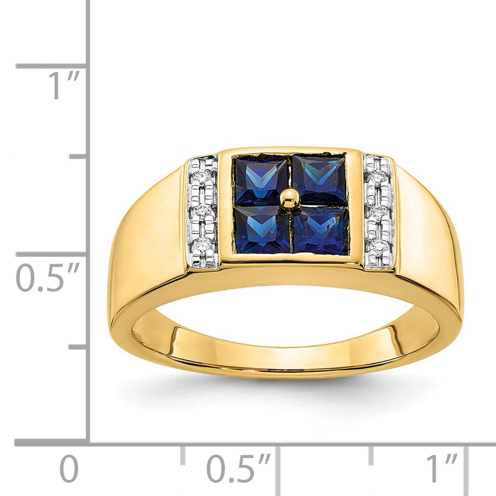 IB Goodman 14k 3.8mm Square Lab-Created Sapphire Cluster and 1/20 carat Diamond Mens Ring